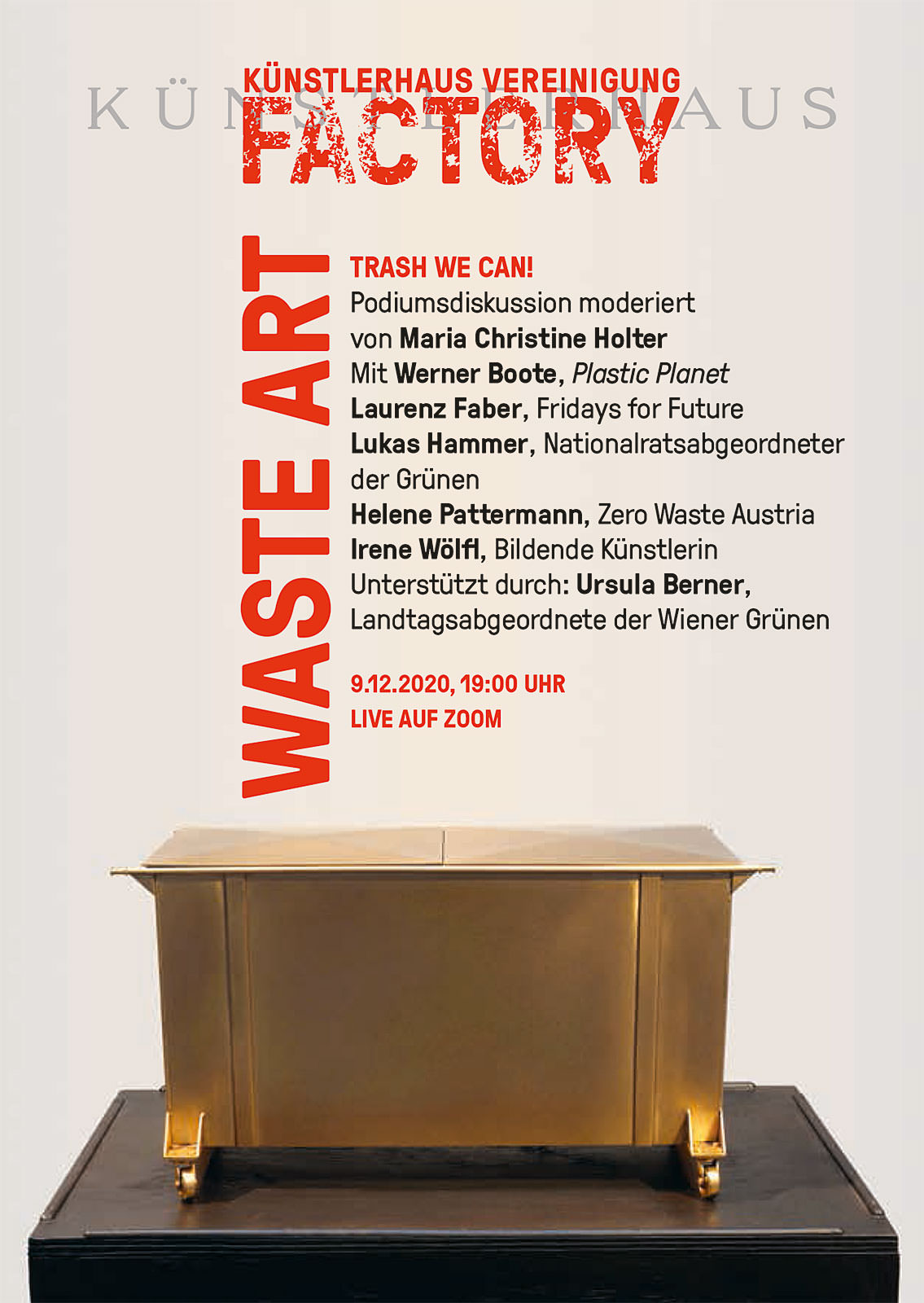 Plakat Waste Art Talk.
Programmdetails und ein goldener Sakropharg