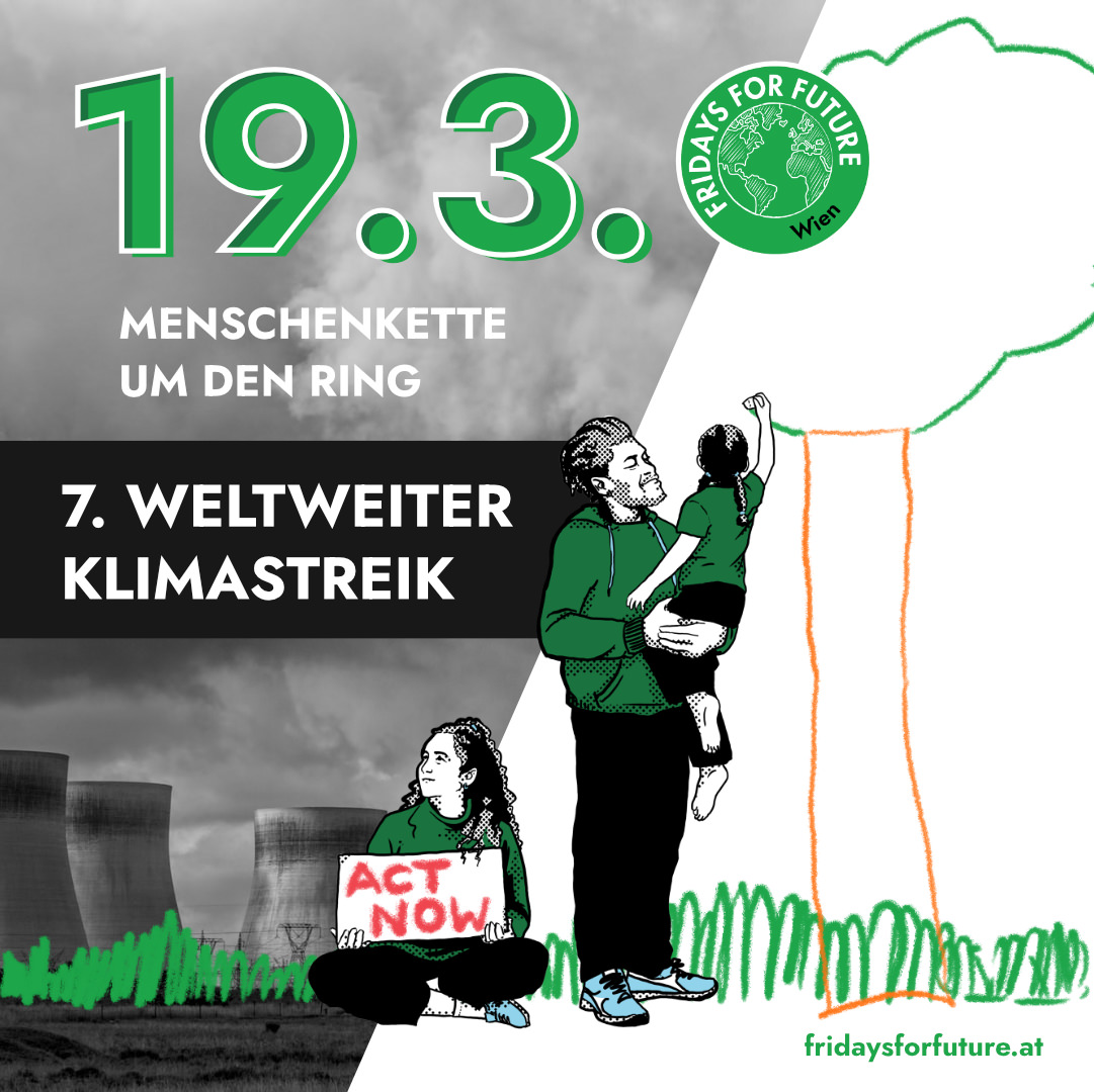 Illustration: Vater hält Kind, das einen Baum zeichnet. Dazu text 7. weltweiter Klimastreik