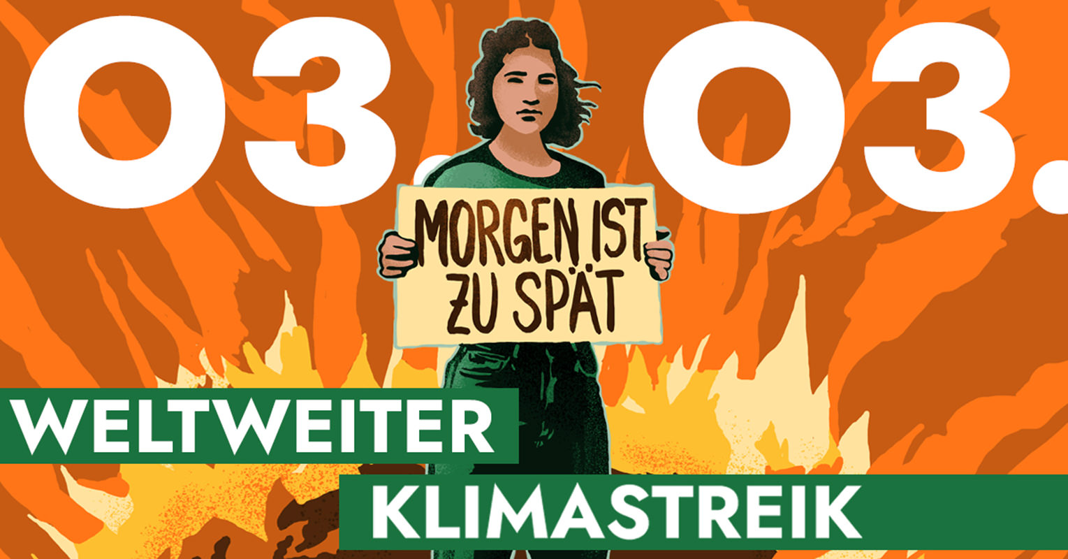 Illustration von Frau mit Plakat (Text: Morgen ist es zu spät) vor brennendem Hintergrund